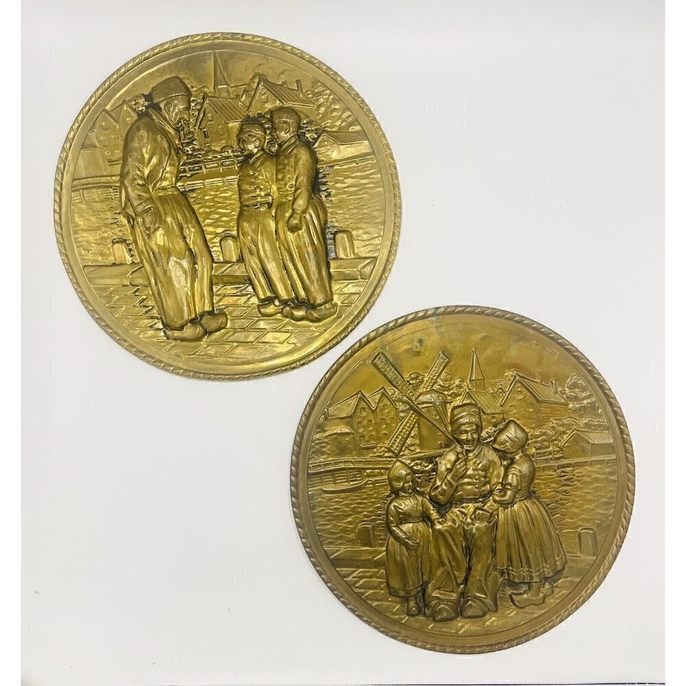 2 Vintage Brass Dutch Wall Hangings 11" Metal 3D Round Windmill Church Old Man